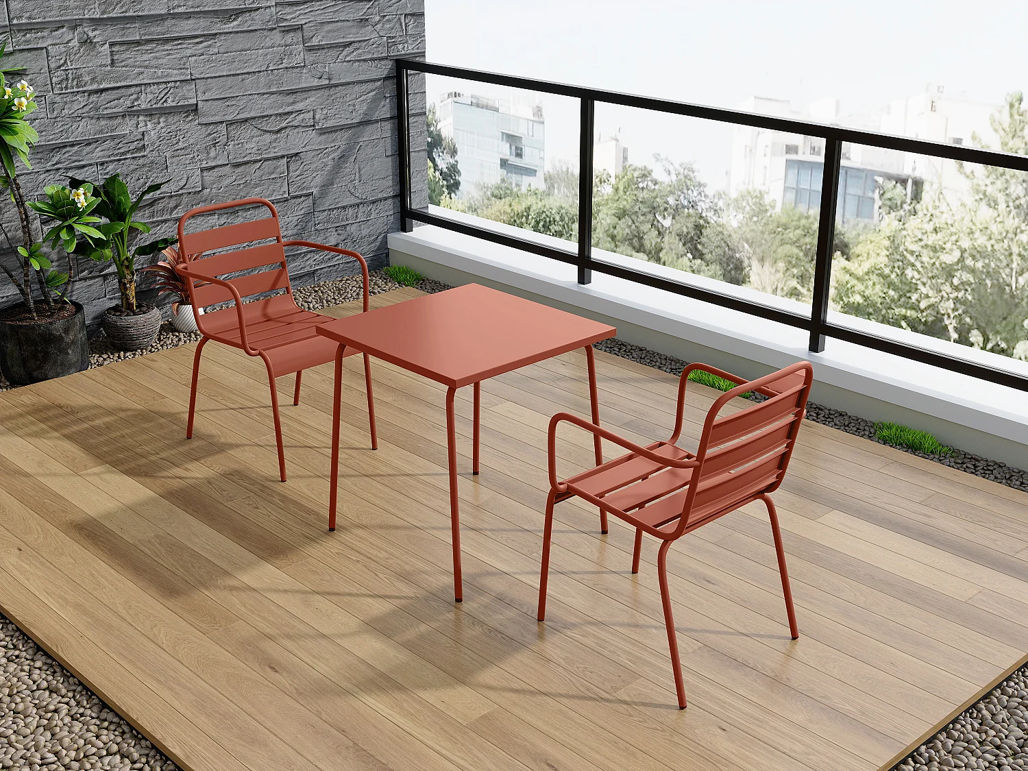 Salle à manger de jardin en métal - une table L.70 cm et 2 fauteuils empilables - Terracotta - MIRMANDE de MYLIA