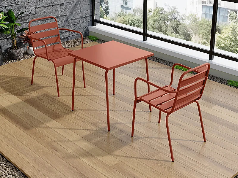 Sala da pranzo da giardino un tavolo L.70 cm e 2 poltrone impilabili in metallo Terracotta - MIRMANDE di MYLIA