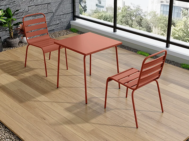 Sala da pranzo da giardino un tavolo L.70 cm e 2 sedie impilabili in metallo Terracotta - MIRMANDE di MYLIA