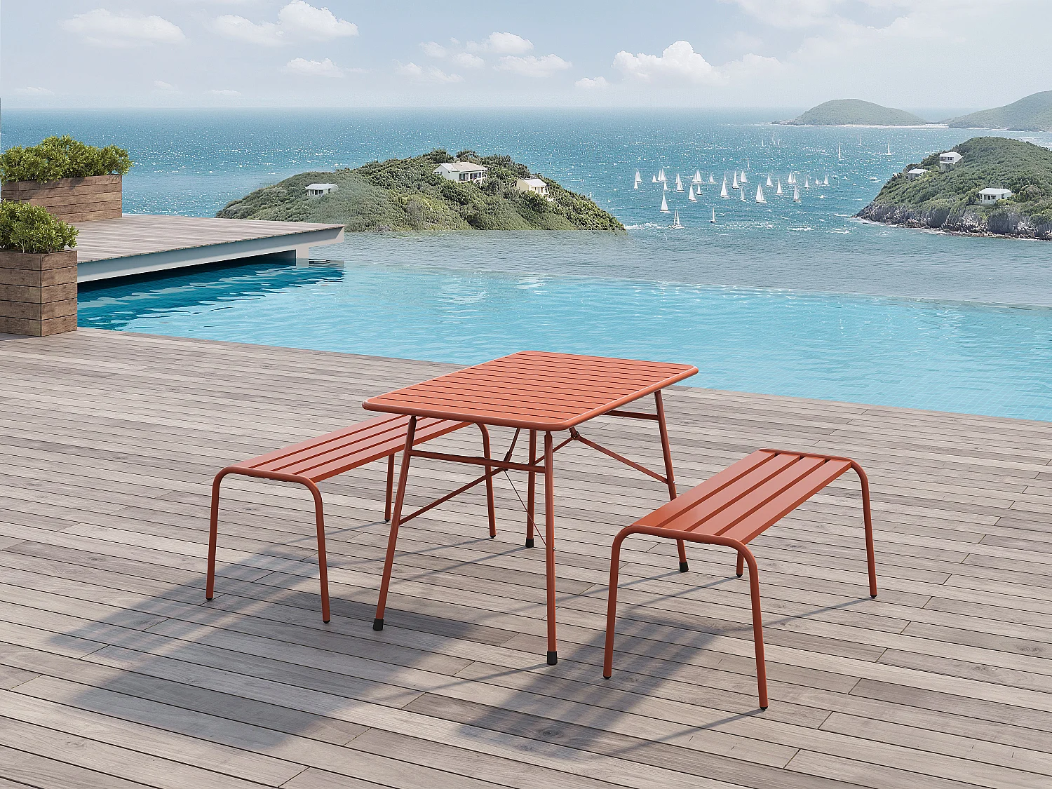 Salle à manger de jardin en métal - une table pliante L.110 cm et 2 bancs - Terracotta - MIRMANDE de MYLIA
