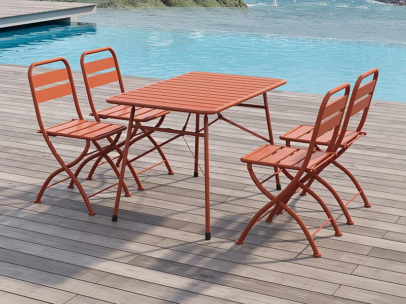 Składany metalowy zestaw ogrodowy - stół dł. 110 cm i 4 krzesła - Terracotta - MIRMANDE by MYLIA