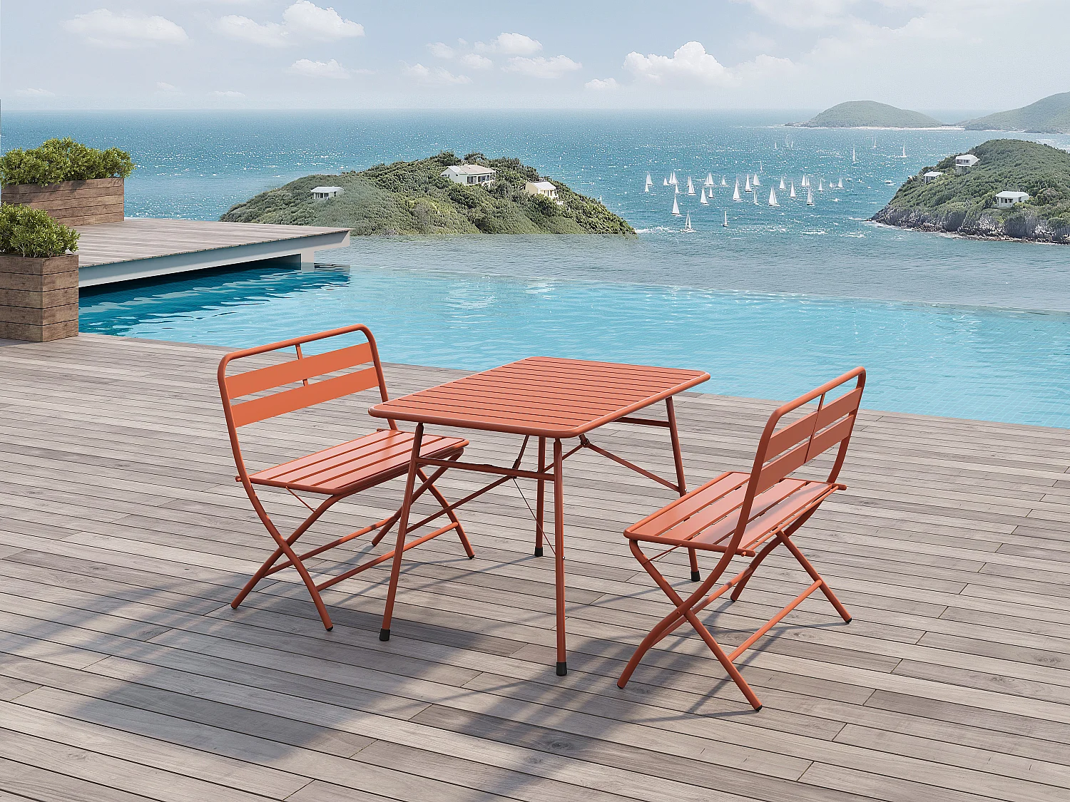 Salle à manger de jardin pliante en métal - une table L.110 cm et 2 bancs - Terracotta - MIRMANDE de MYLIA