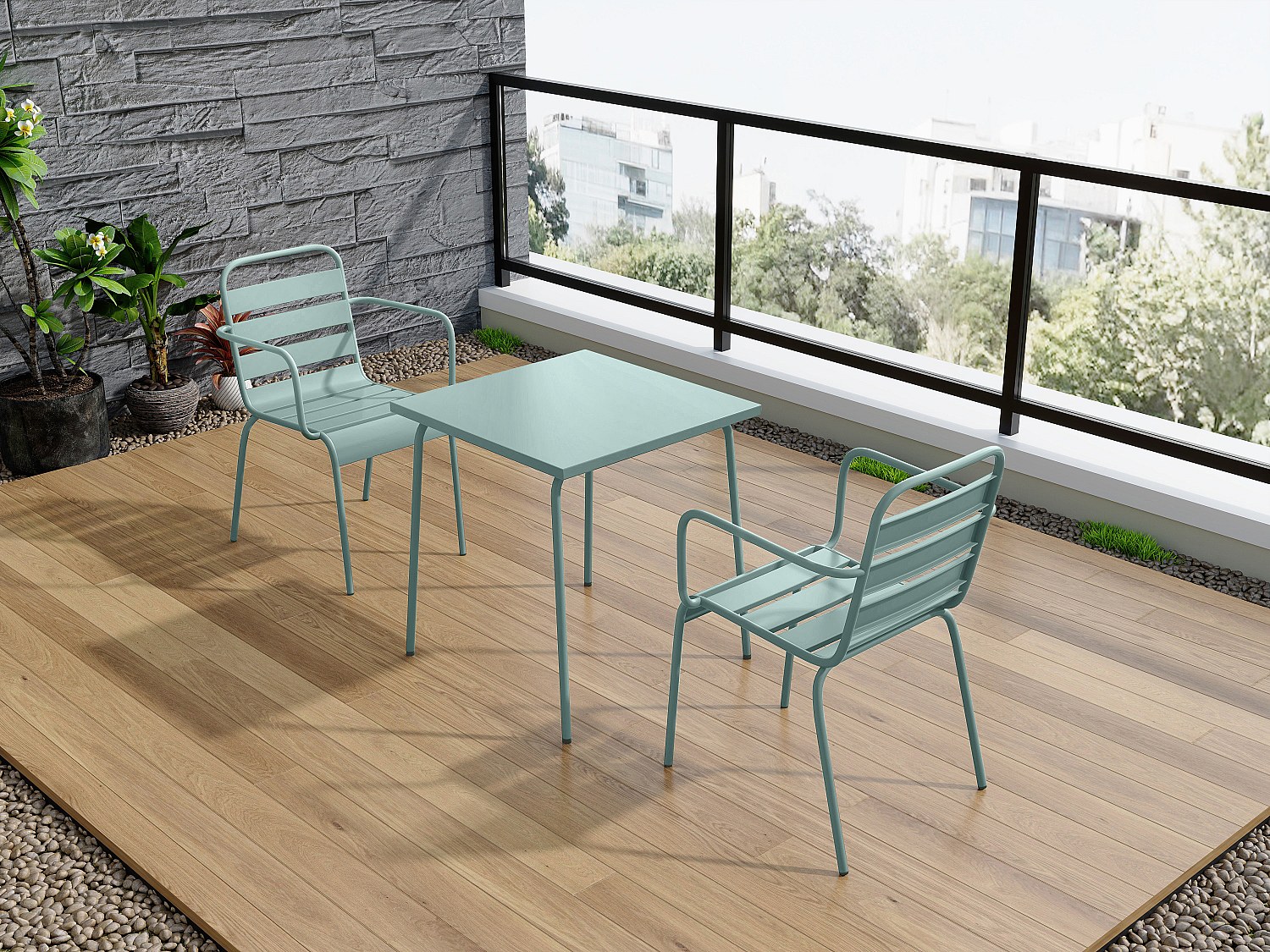 Vente-unique Garten-Essgruppe, Tisch L.70 Cm + 2 Stapelbare Sessel - Metall - Mandelgrün - Mirmande Von Mylia
