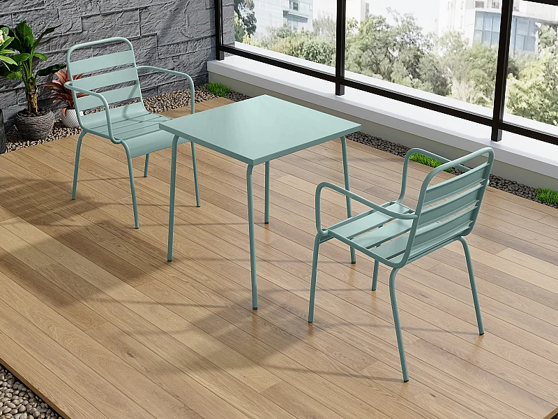 Salle à manger de jardin en métal - une table L.70 cm et 2 fauteuils empilables - Vert amande - MIRMANDE de MYLIA
