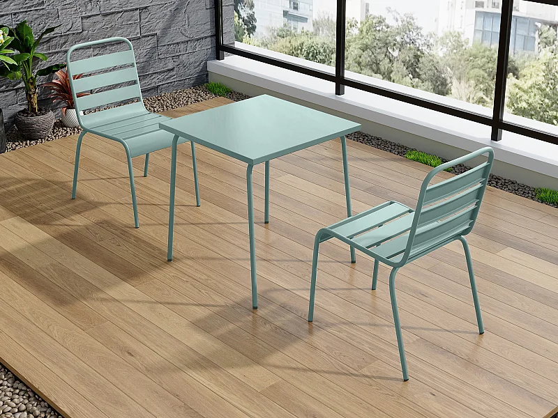 Sala da pranzo da giardino un tavolo L.70 cm e 2 sedie impilabili in metallo Verde mandorla - MIRMANDE di MYLIA