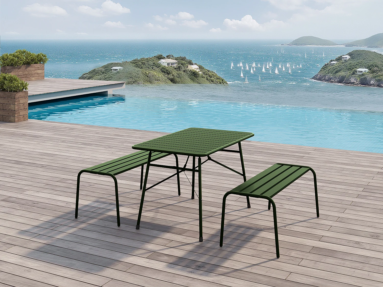 Salle à manger de jardin en métal - une table pliante L.110 cm et 2 bancs - Kaki - MIRMANDE de MYLIA