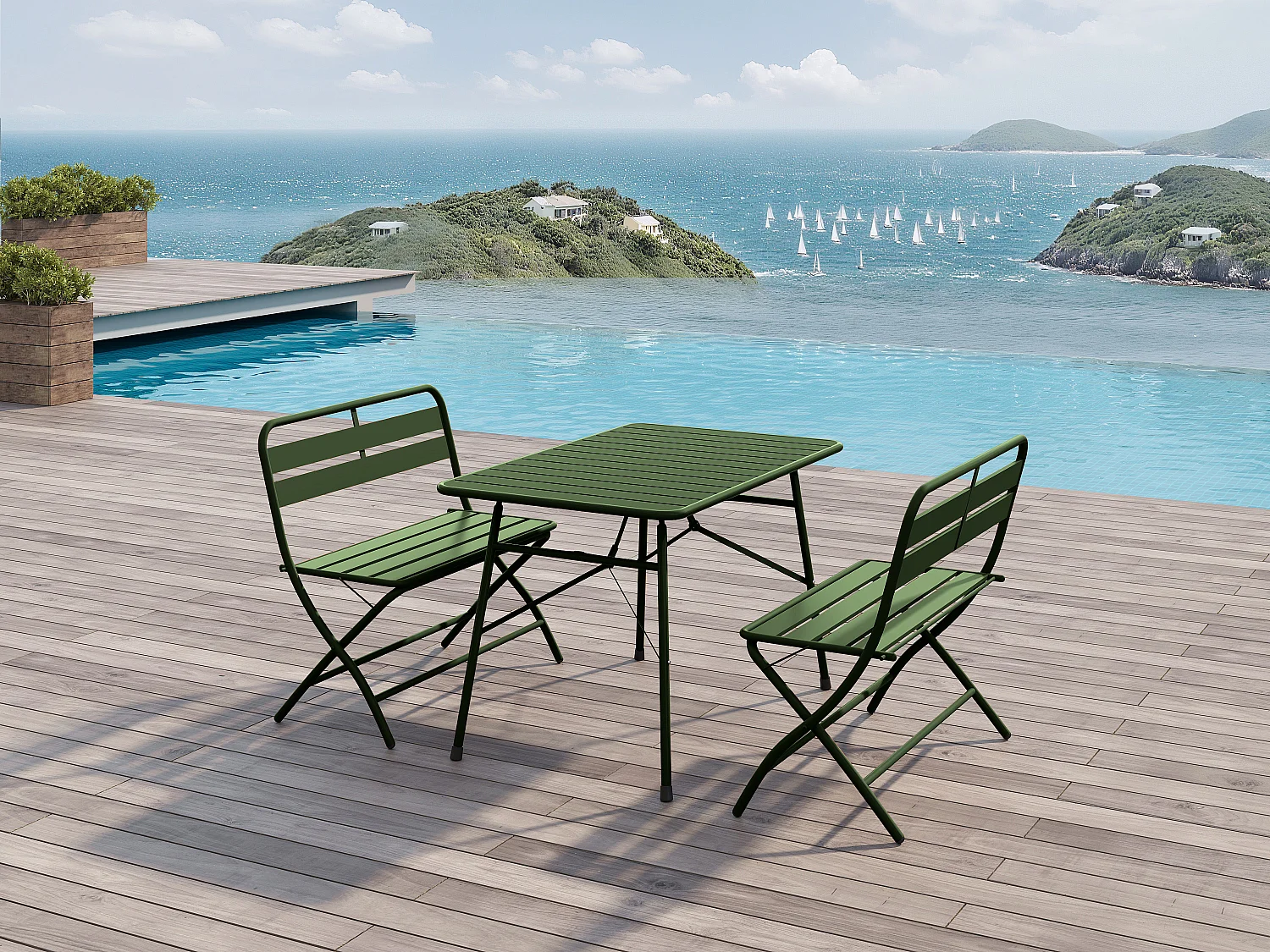 Salle à manger de jardin pliante en métal - une table L.110 cm et 2 bancs - Kaki - MIRMANDE de MYLIA