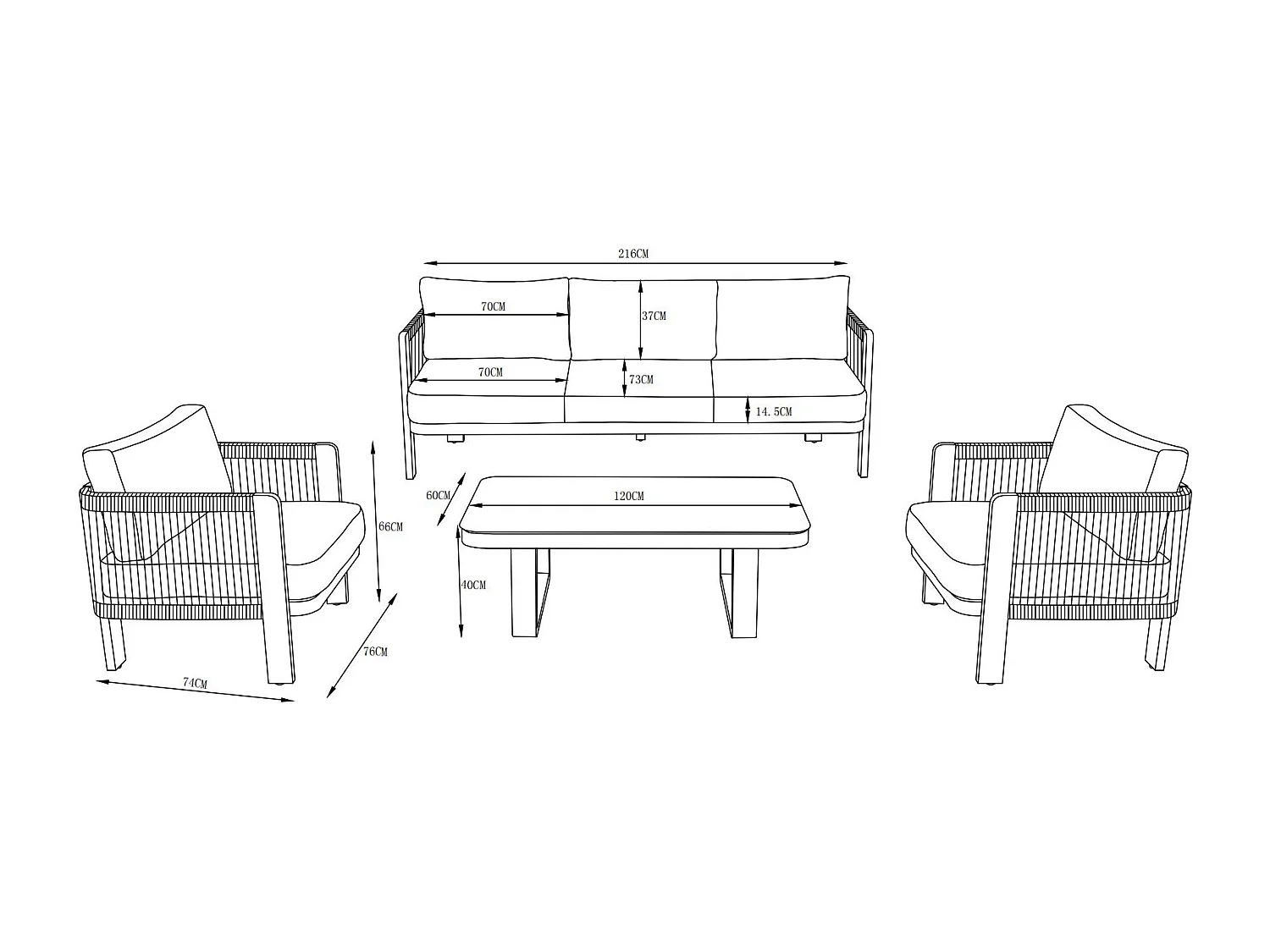 Salon de jardin en aluminium et corde : un canapé 3 places, 2 fauteuils et 1 table basse - Noir avec coussins beiges - HELYSI de MYLIA