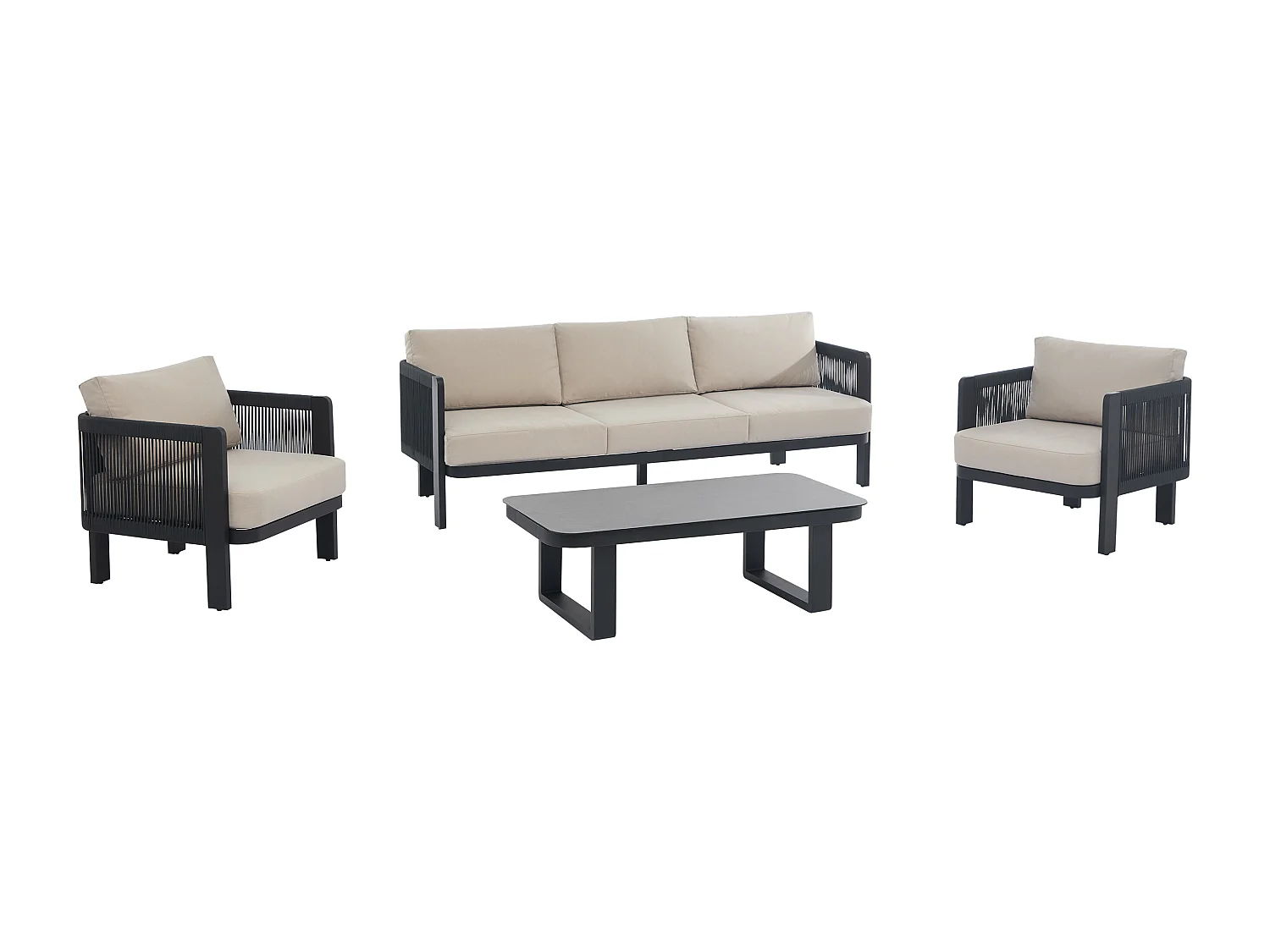 Salon de jardin en aluminium et corde : un canapé 3 places, 2 fauteuils et 1 table basse - Noir avec coussins beiges - HELYSI de MYLIA