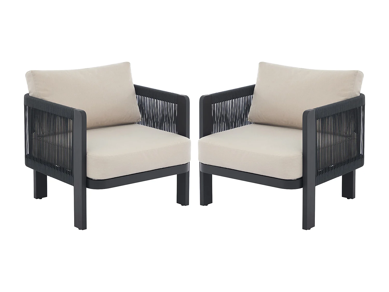 Salon de jardin en aluminium et corde : un canapé 3 places, 2 fauteuils et 1 table basse - Noir avec coussins beiges - HELYSI de MYLIA