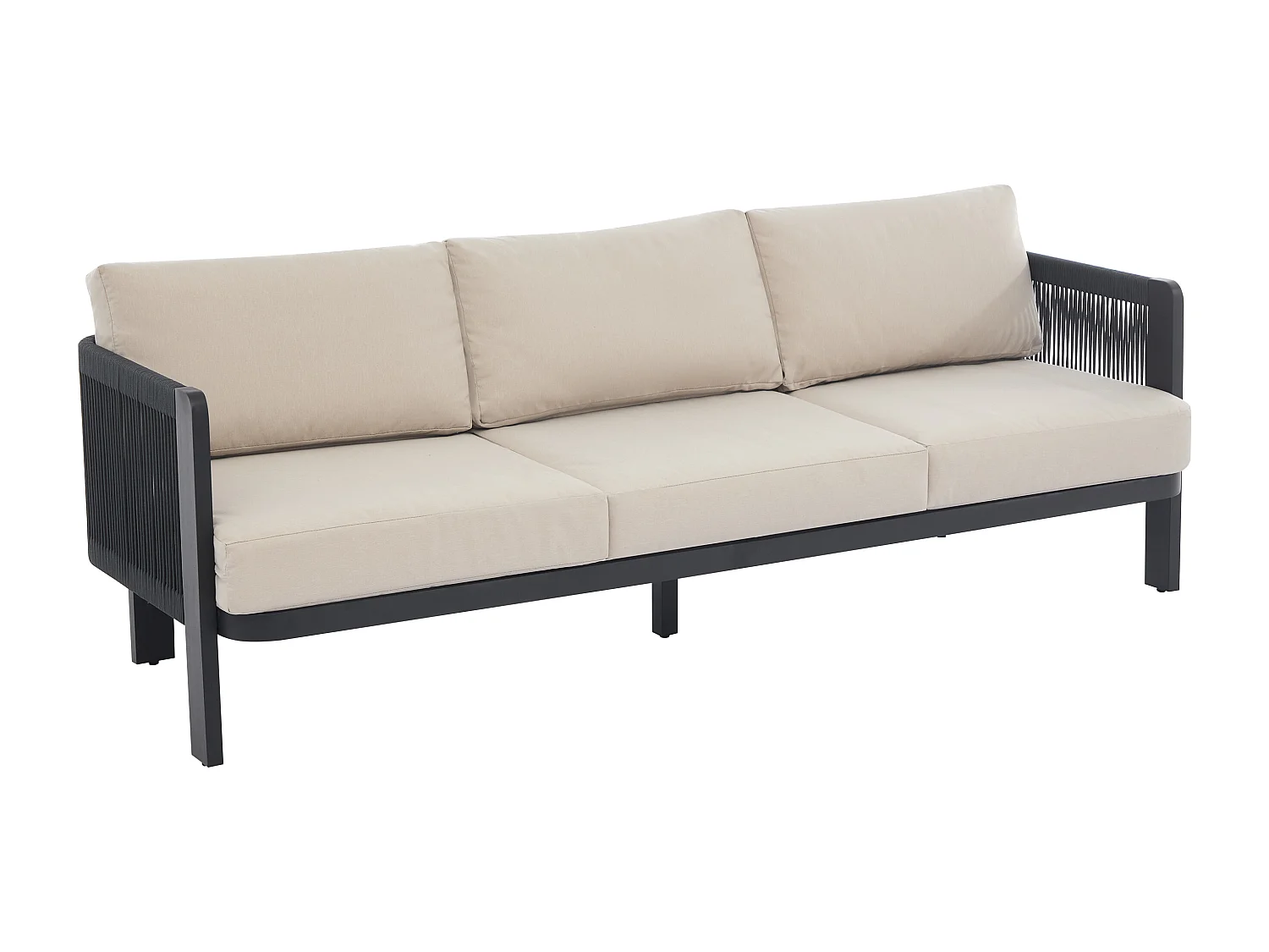 Salon de jardin en aluminium et corde : un canapé 3 places, 2 fauteuils et 1 table basse - Noir avec coussins beiges - HELYSI de MYLIA