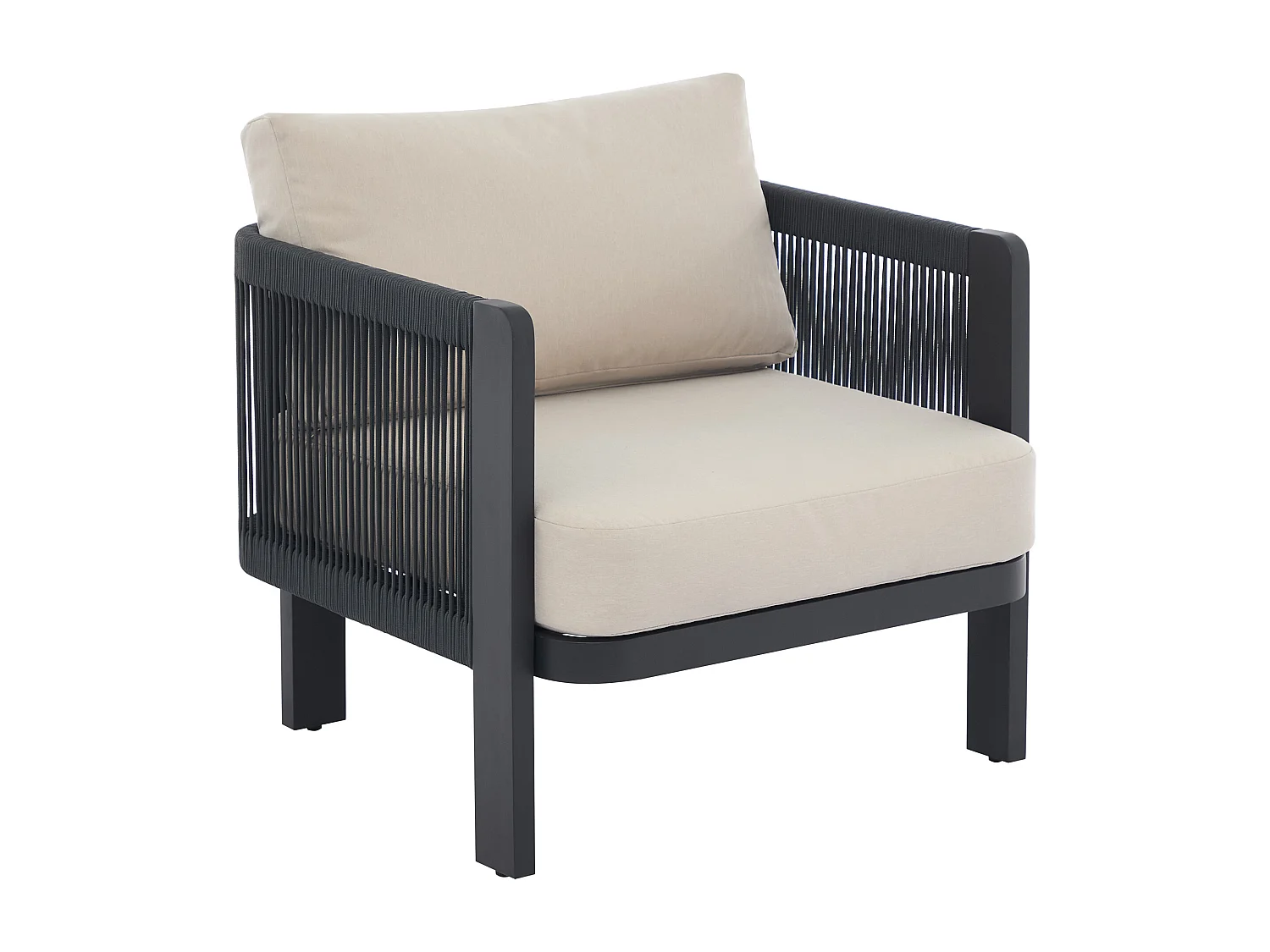 Salon de jardin en aluminium et corde : un canapé 3 places, 2 fauteuils et 1 table basse - Noir avec coussins beiges - HELYSI de MYLIA