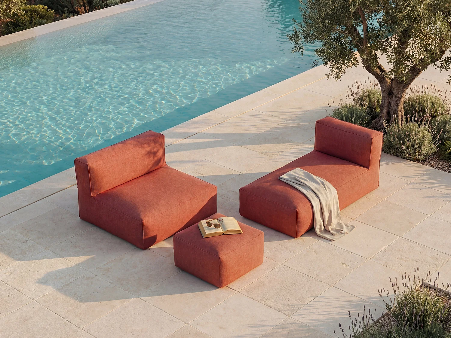 Salon de jardin en tissu 4 places : 1 canapé, 1 méridienne et un pouf - Terracotta - NOUMARA de MYLIA