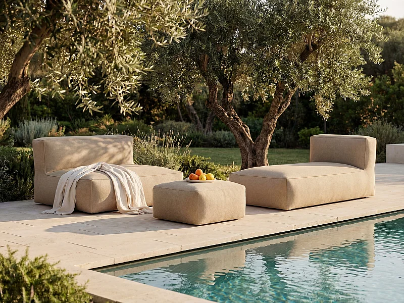 Salotto da giardino in tessuto 4 posti: 1 divano, 1 chaise longue e un pouf Beige - NOUMARA di MYLIA