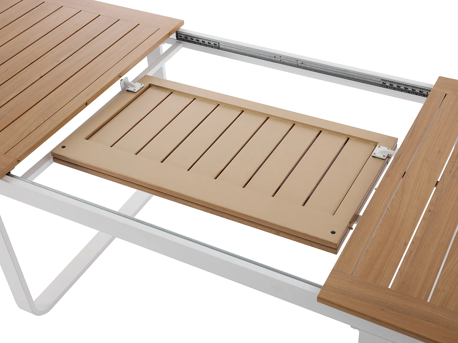 Sala de jantar de jardim em alumínio: mesa extensível em alumínio C.155/246 cm e 6 poltronas de braço - Natural claro e branco - SERUNO da MYLIA