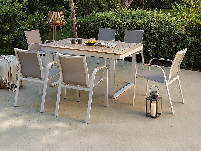 Sala de jantar de jardim em alumínio: mesa extensível em alumínio C.155/246 cm e 6 poltronas de braço - Natural claro e branco - SERUNO da MYLIA