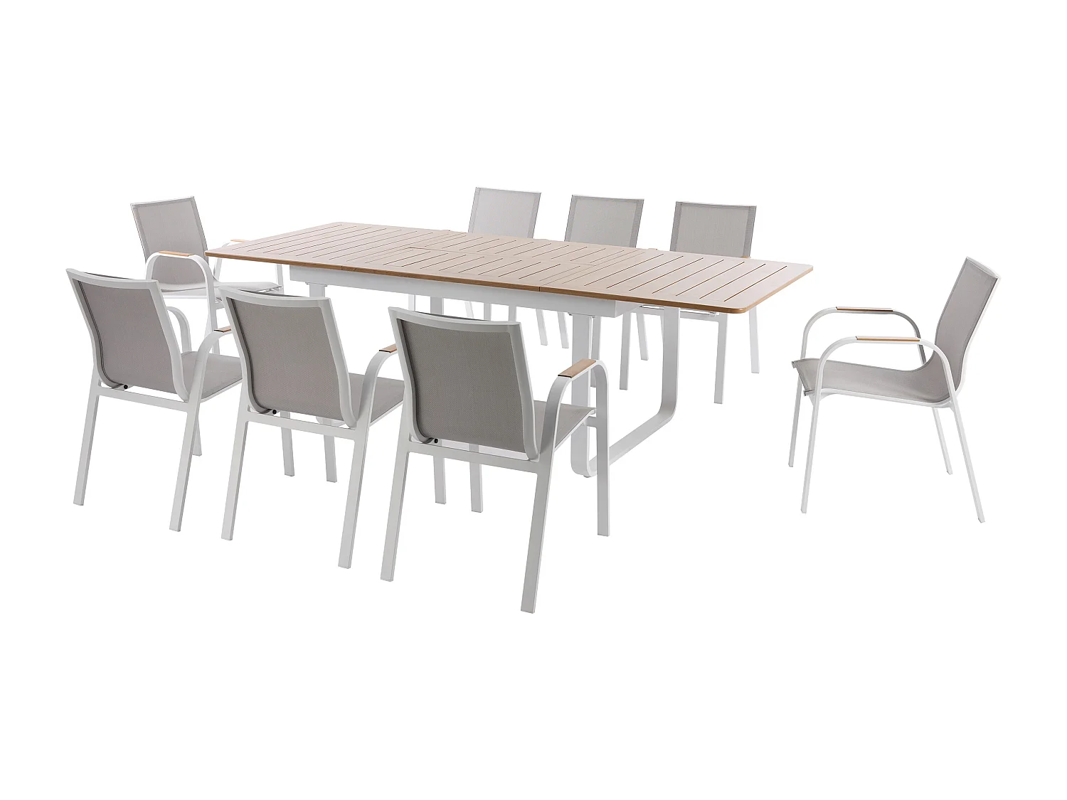 Sala de jantar de jardim em alumínio: mesa extensível em alumínio C.155/246 cm e 8 poltronas - Natural claro e branco - SERUNO da MYLIA