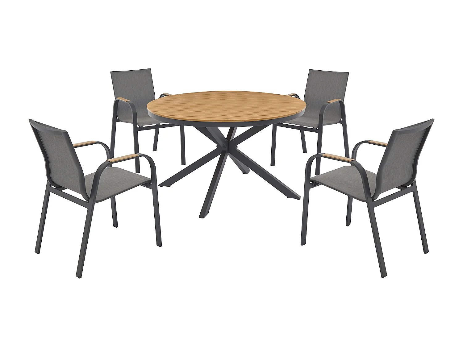 Salle à manger de jardin en aluminium : la table ronde D.125 cm et 4 fauteuils - Anthracite et naturel clair - ZEYVA de MYLIA