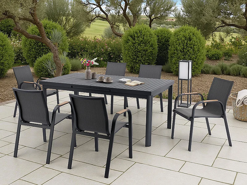 Conjunto de sala de jantar de jardim em alumínio: uma mesa extensível C.180/240 cm e 6 poltronas - Antracite - ZEYVA de MYLIA