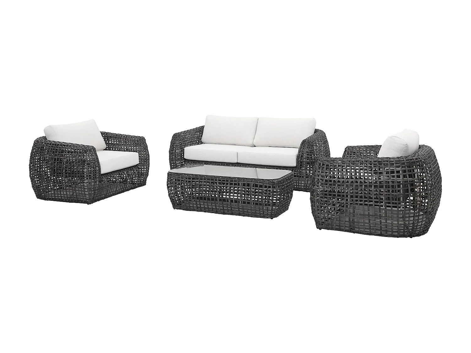 Salon de jardin en résine tressée : un canapé de jardin 2 places, 2 fauteuils et 1 table basse - Anthracite avec coussins blancs - VEYRO de MYLIA