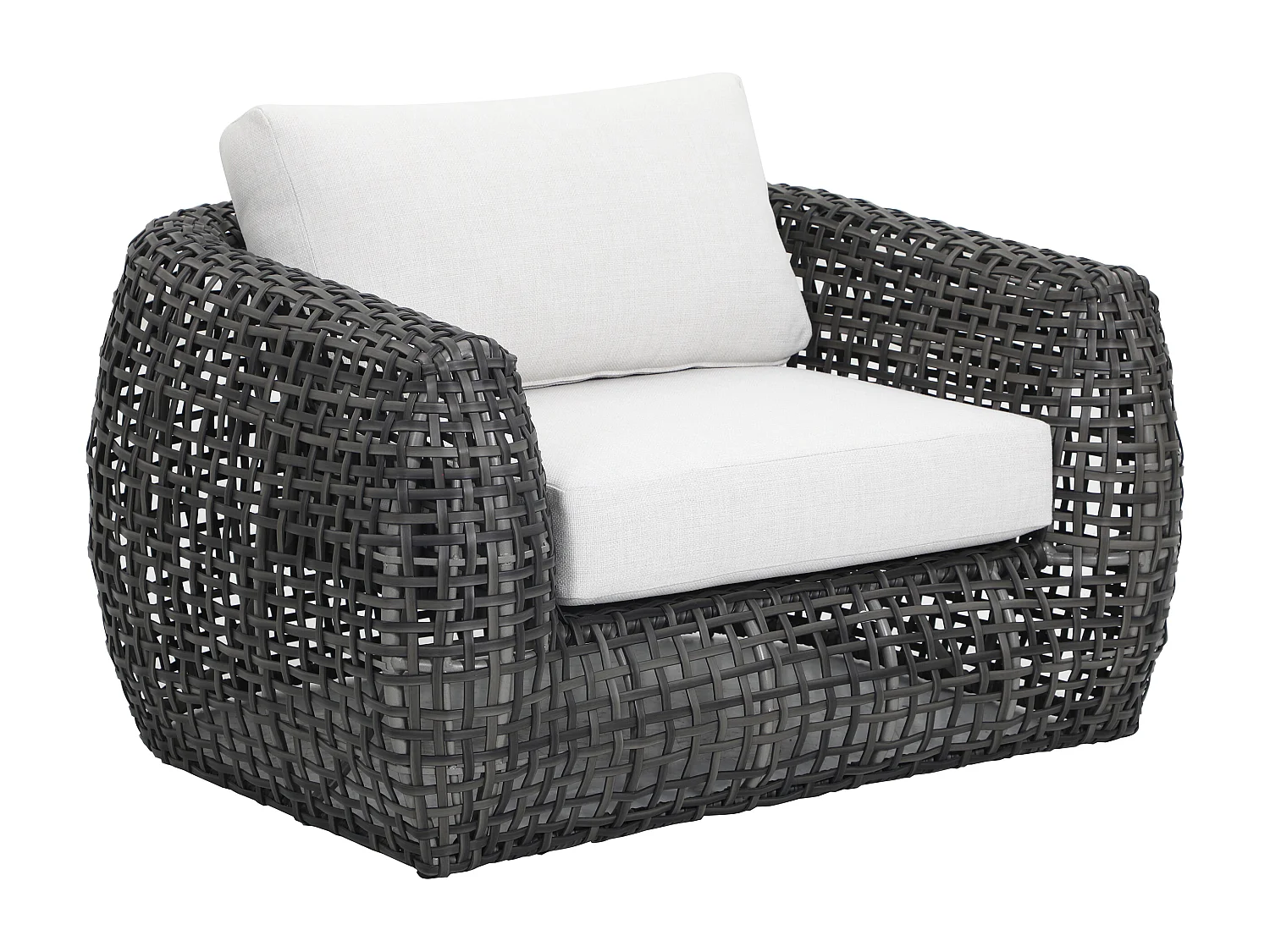 Salon de jardin en résine tressée : un canapé de jardin 2 places, 2 fauteuils et 1 table basse - Anthracite avec coussins blancs - VEYRO de MYLIA