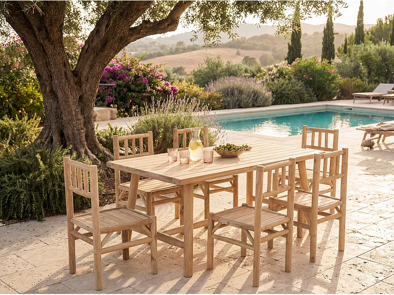Salle à manger de jardin en teck : la table L.180 cm et 6 chaises - Naturel clair - TULUM de MYLIA
