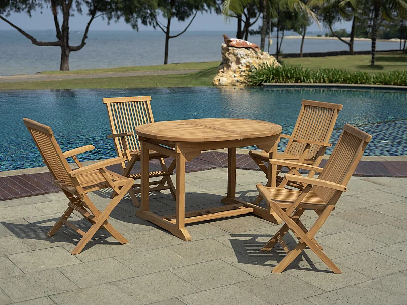 Salle à manger de jardin en teck : une table extensible L.120 / 170 cm et 4 fauteuils pliants - Naturel clair - BYBLOS II de MYLIA