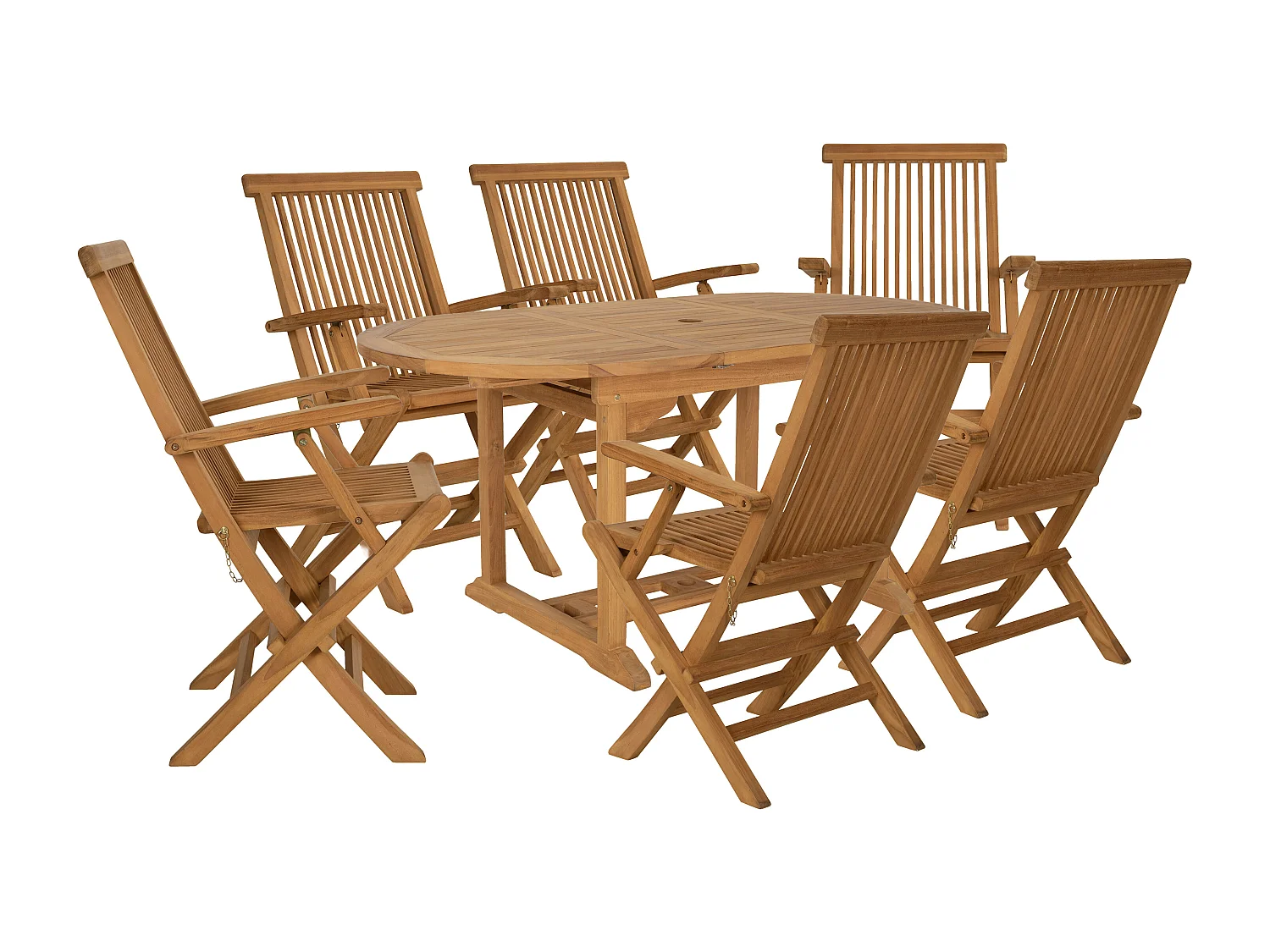 Salle à manger de jardin en teck : une table extensible L.120 / 170 cm et 6 fauteuils pliants - Naturel clair - BYBLOS II de MYLIA