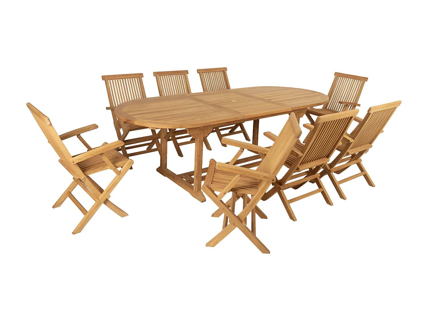 Salle à manger de jardin en teck : une table extensible L.180 / 240 cm et 8 fauteuils pliants - Naturel clair - BYBLOS II de MYLIA