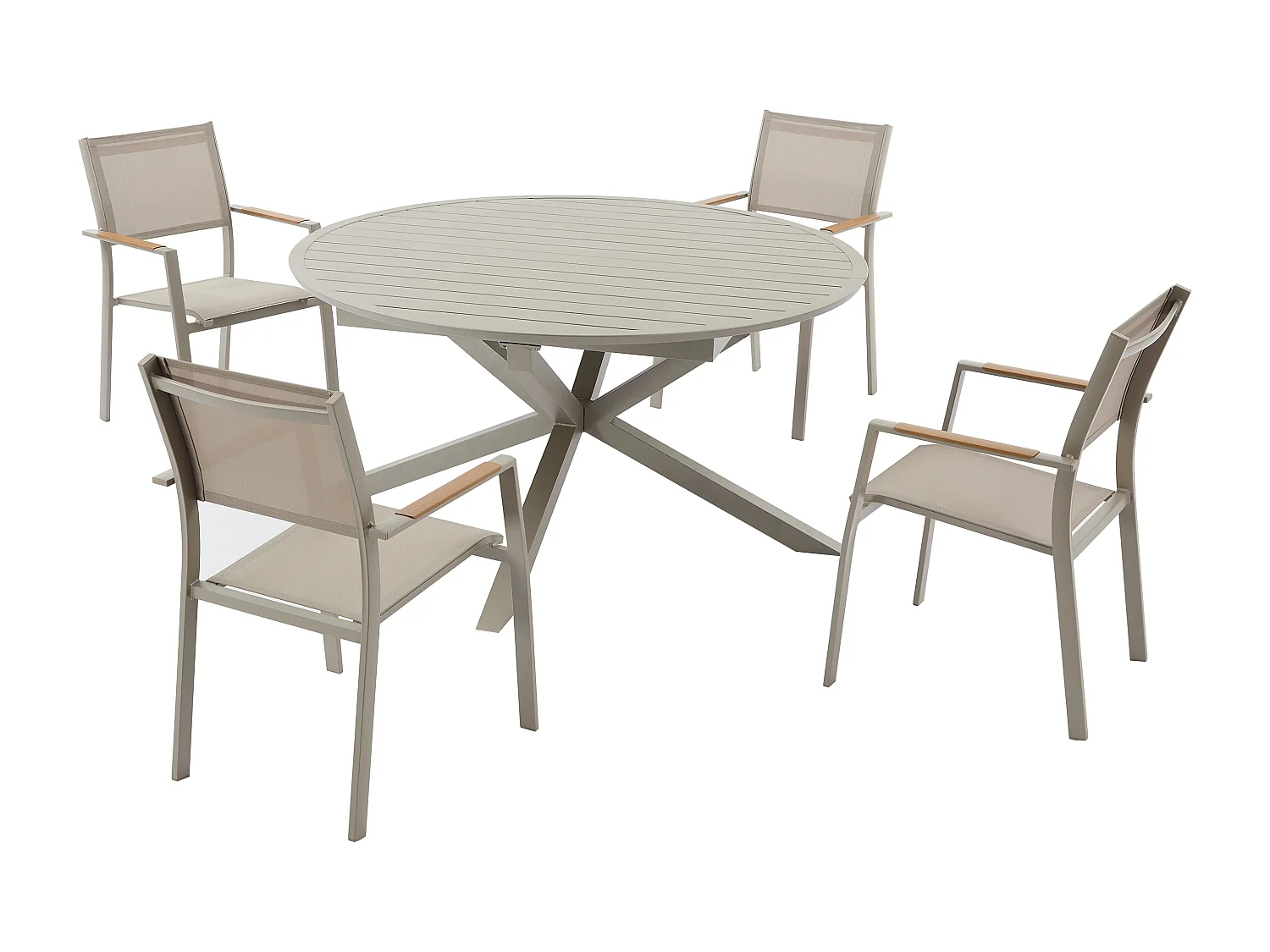 Salle à manger de jardin en aluminium : une table ronde extensible L.150/200 cm et 4 fauteuils empilables - Taupe - YOHA de MYLIA