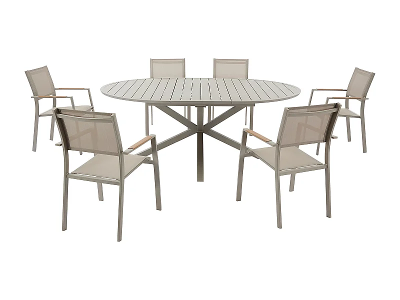 Salle à manger de jardin en aluminium : une table ronde extensible L.150/200 cm et 6 fauteuils empilables - Taupe - YOHA de MYLIA