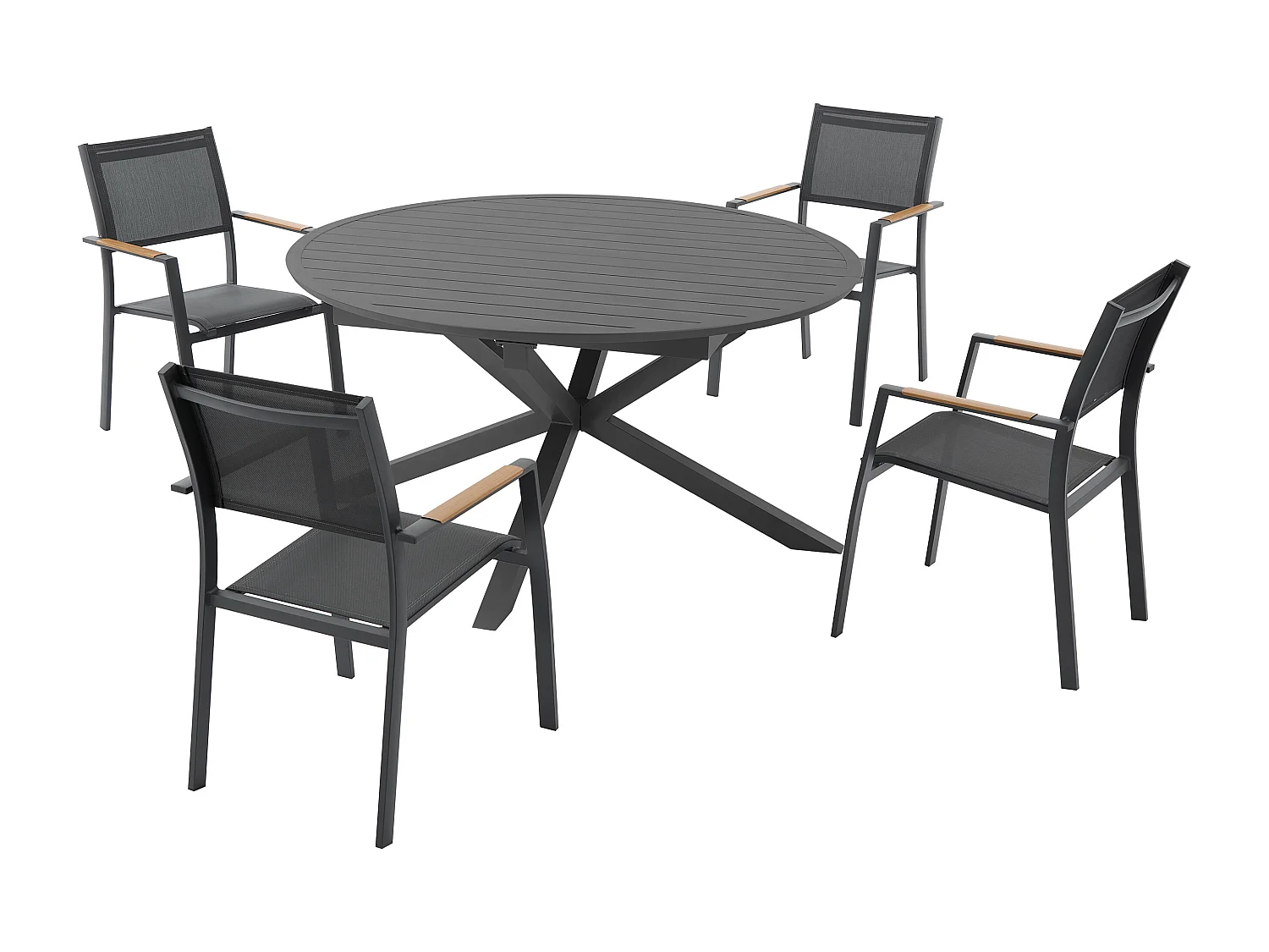 Salle à manger de jardin en aluminium : une table ronde extensible L.150/200 cm et 4 fauteuils empilables - Anthracite - YOHA de MYLIA