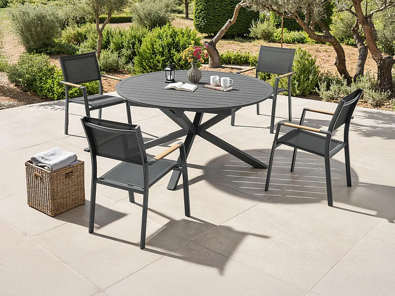 Sala de jantar de jardim em alumínio: uma mesa redonda extensível C.150/200 cm e 4 cadeirões empilháveis - Antracite - YOHA da MYLIA
