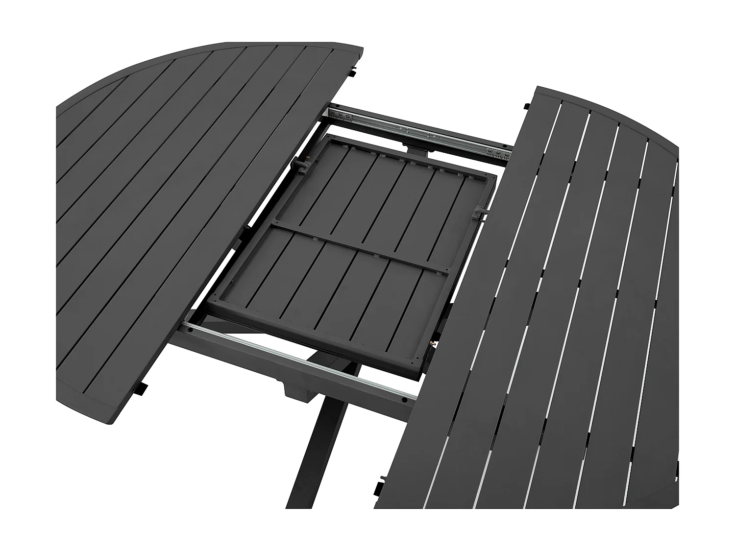 Salle à manger de jardin en aluminium : une table ronde extensible L.150/200 cm et 6 fauteuils empilables - Anthracite - YOHA de MYLIA