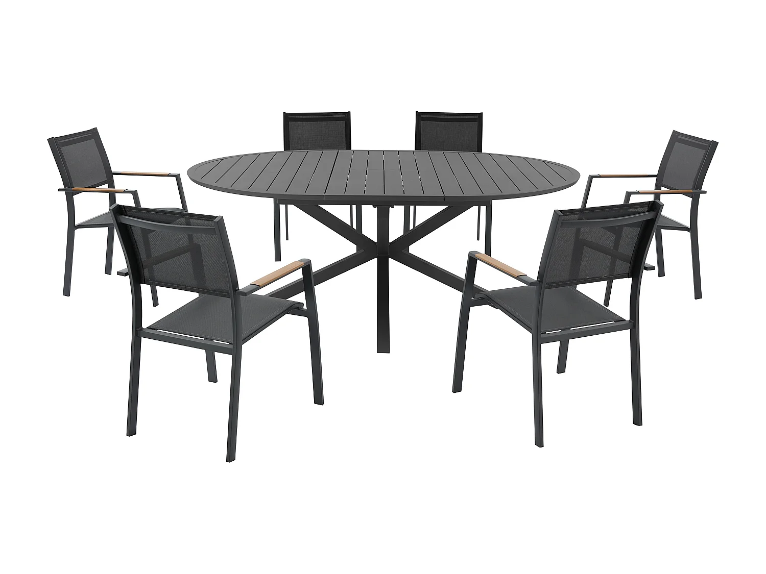 Salle à manger de jardin en aluminium : une table ronde extensible L.150/200 cm et 6 fauteuils empilables - Anthracite - YOHA de MYLIA