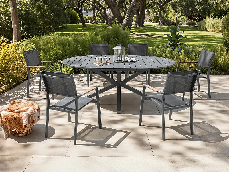 Sala de jantar de jardim em alumínio: uma mesa redonda extensível C.150/200 cm e 6 cadeirões empilháveis - Antracite - YOHA da MYLIA