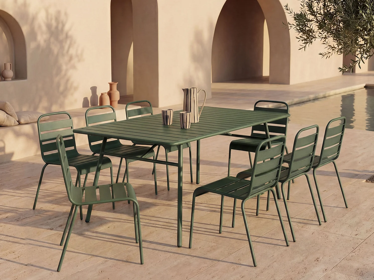 Salle à manger de jardin en métal - une table L.200 cm et 8 chaises empilables - Kaki - MIRMANDE de MYLIA