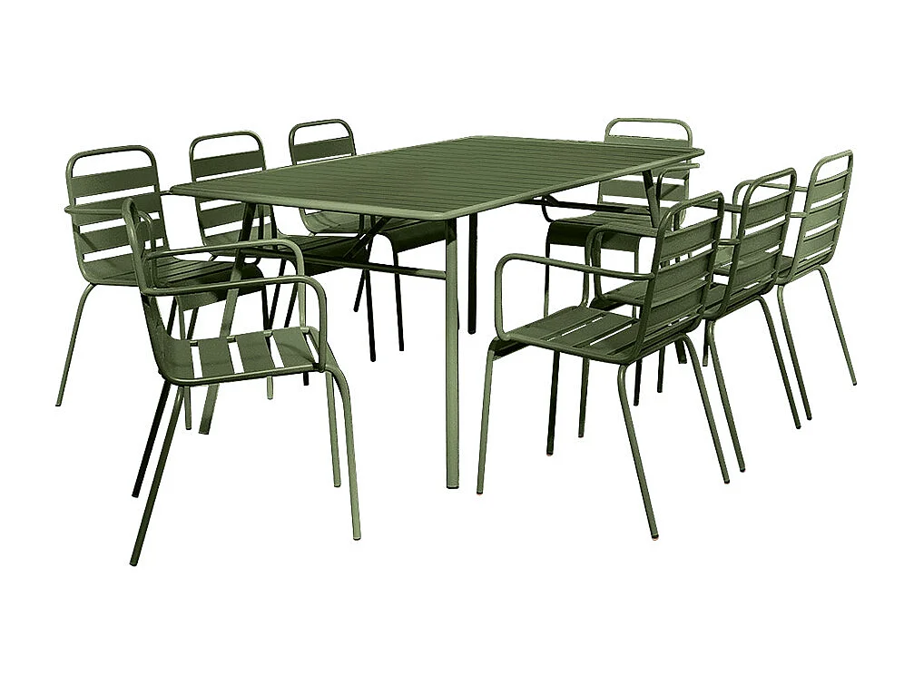 Salle à manger de jardin en métal - une table L.200 cm et 8 fauteuils empilables - Kaki - MIRMANDE de MYLIA