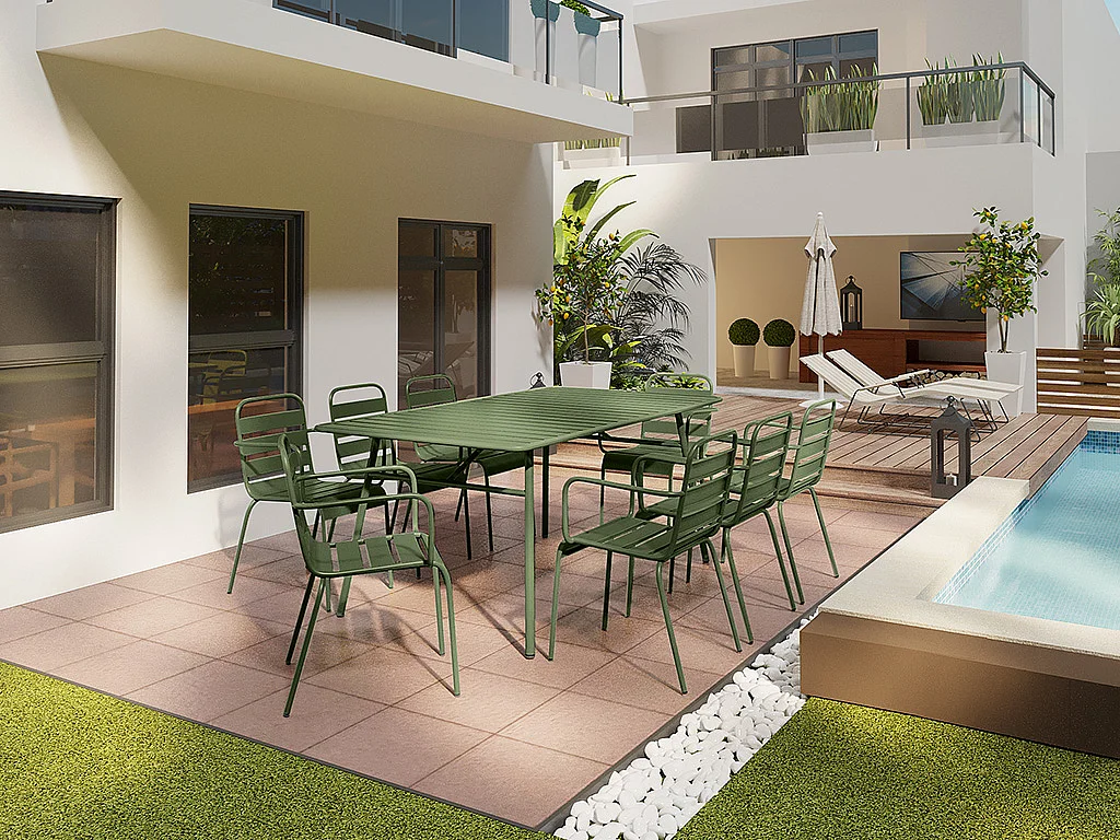 Salle à manger de jardin en métal - une table L.200 cm et 8 fauteuils empilables - Kaki - MIRMANDE de MYLIA
