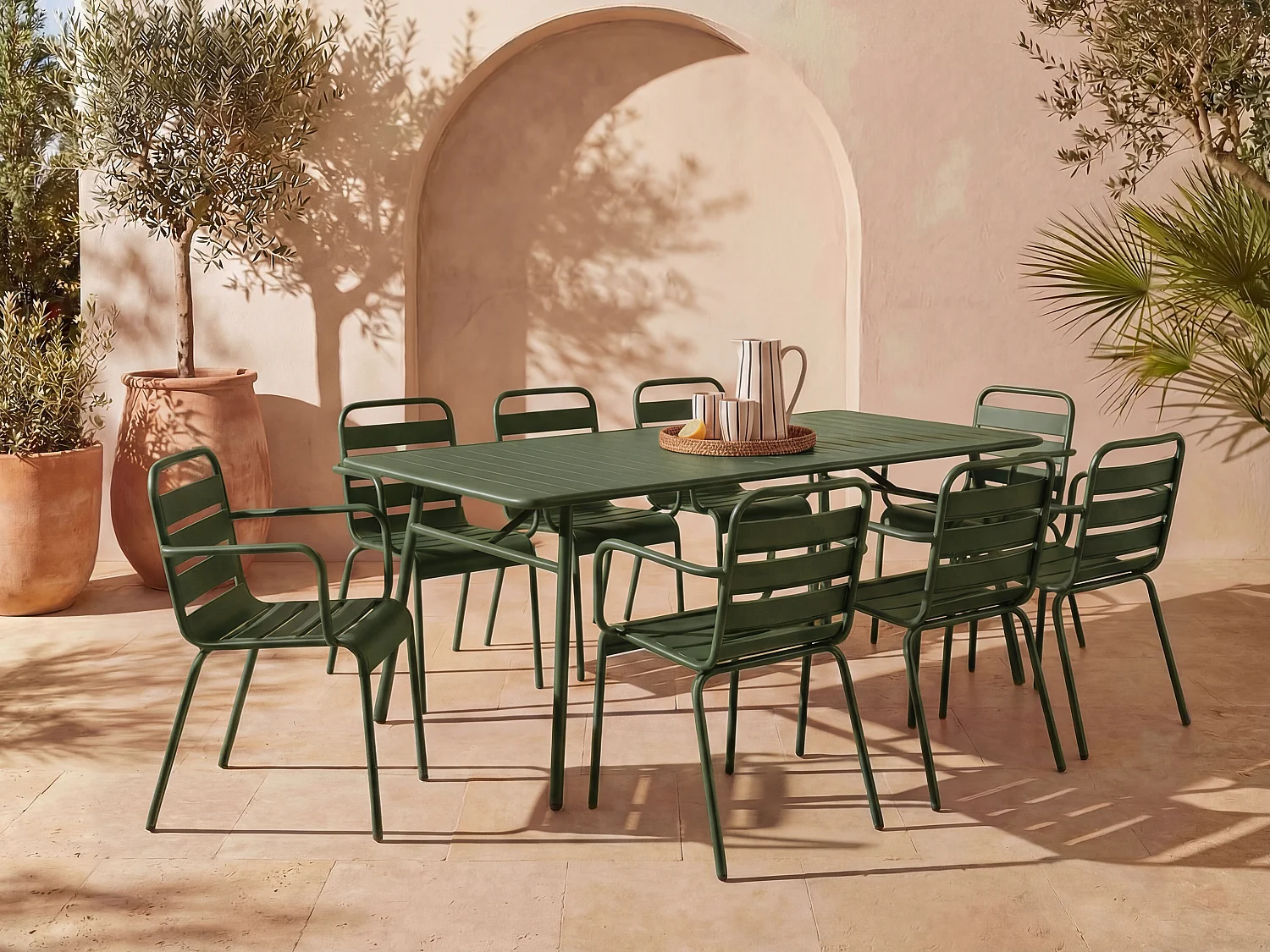 Metal garden dining set - one table W.200 cm and 8 stackable armchairs - Khaki - MIRMANDE by MYLIA