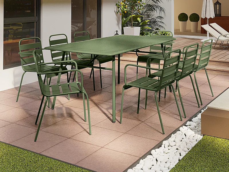Salle à manger de jardin en métal - une table L.200 cm et 8 fauteuils empilables - Kaki - MIRMANDE de MYLIA