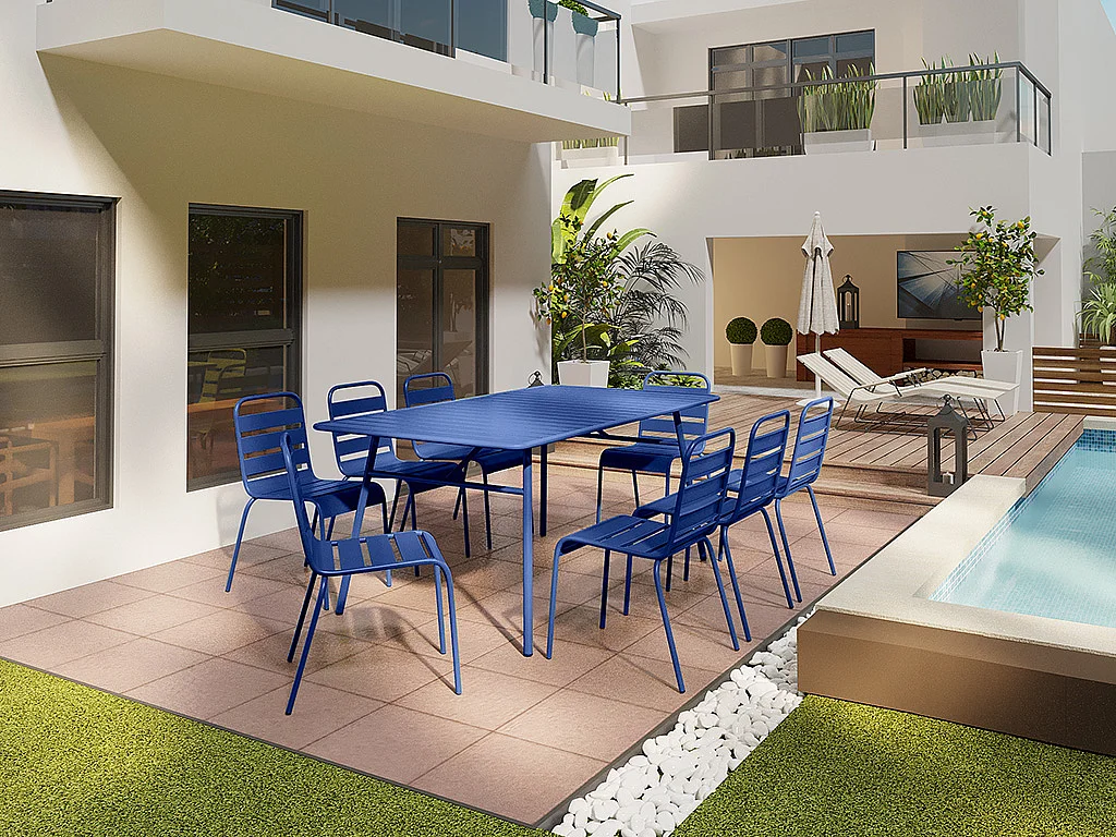 Salle à manger de jardin en métal - une table L.200 cm et 8 chaises empilables - Bleu nuit - MIRMANDE de MYLIA