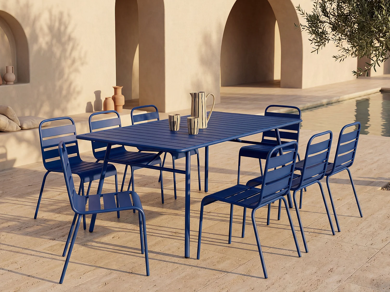 Metal garden dining set - one 200 cm L. table and 8 stackable chairs - Midnight Blue - MIRMANDE by MYLIA