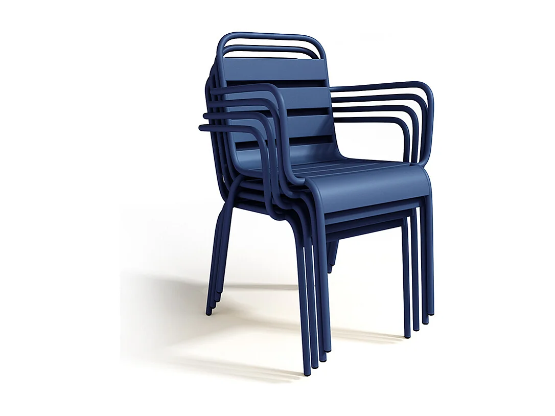 Salle à manger de jardin en métal - une table L.200 cm et 8 fauteuils empilables - Bleu nuit - MIRMANDE de MYLIA