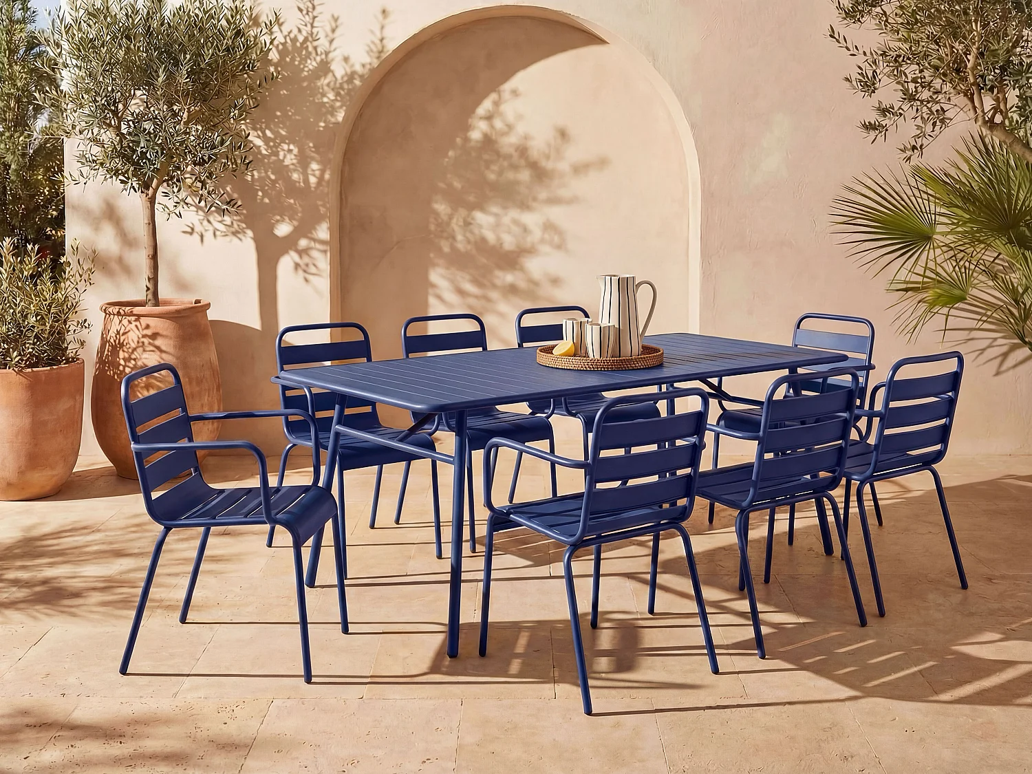 Metal garden dining set - one table L.200 cm and 8 stackable armchairs - Midnight Blue - MIRMANDE by MYLIA
