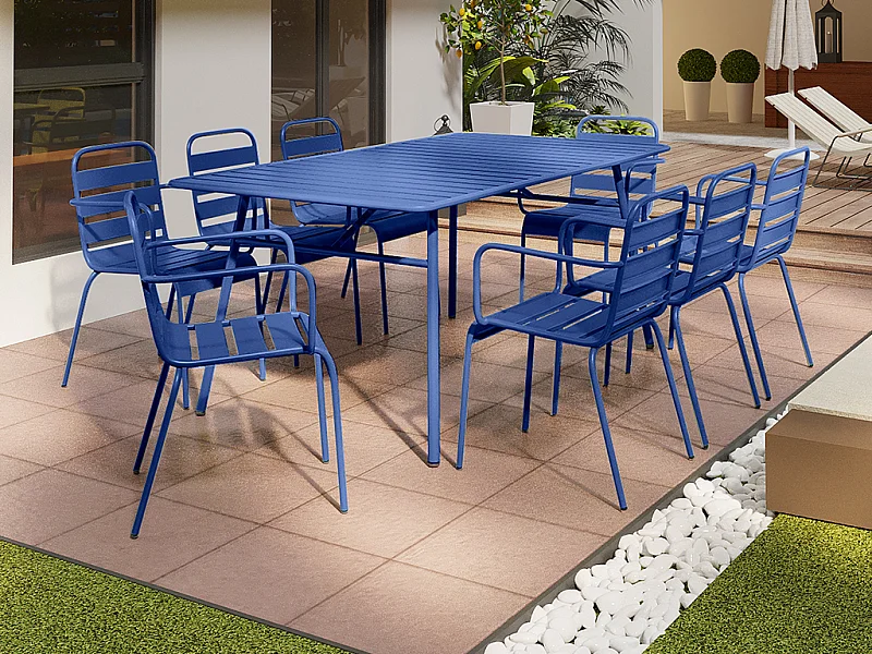 Salle à manger de jardin en métal - une table L.200 cm et 8 fauteuils empilables - Bleu nuit - MIRMANDE de MYLIA