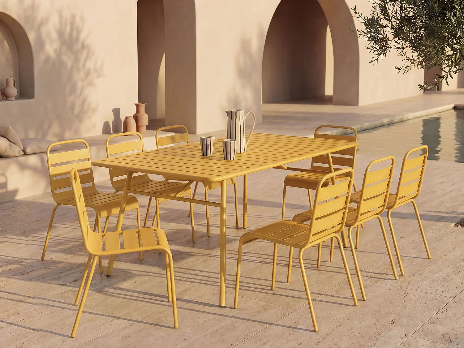 Metal garden dining set - one table L.200 cm and 8 stackable chairs - Mustard Yellow - MIRMANDE by MYLIA