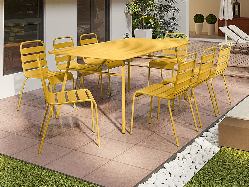 Salle à manger de jardin en métal - une table L.200 cm et 8 chaises empilables - Jaune moutarde - MIRMANDE de MYLIA