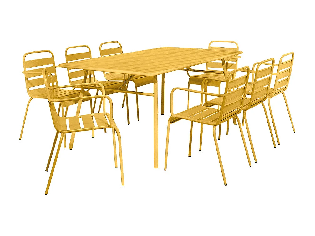 Salle à manger de jardin en métal - une table L.200 cm et 8 fauteuils empilables - Jaune moutarde - MIRMANDE de MYLIA
