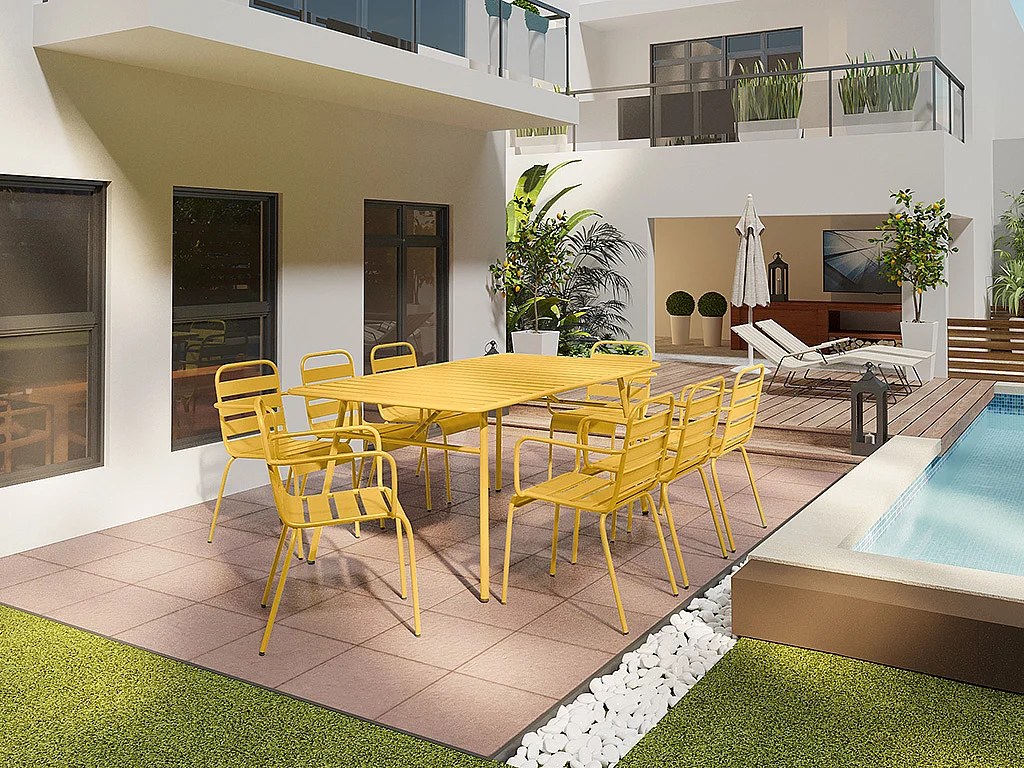 Salle à manger de jardin en métal - une table L.200 cm et 8 fauteuils empilables - Jaune moutarde - MIRMANDE de MYLIA
